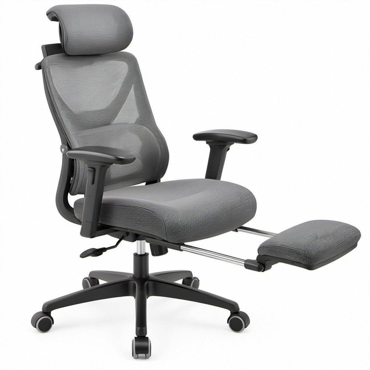 Sedia ergonomica girevole in rete grigia con poggiatesta, poggiapiedi estraibile e braccioli regolabili 65 x 65 x 118-128 cm