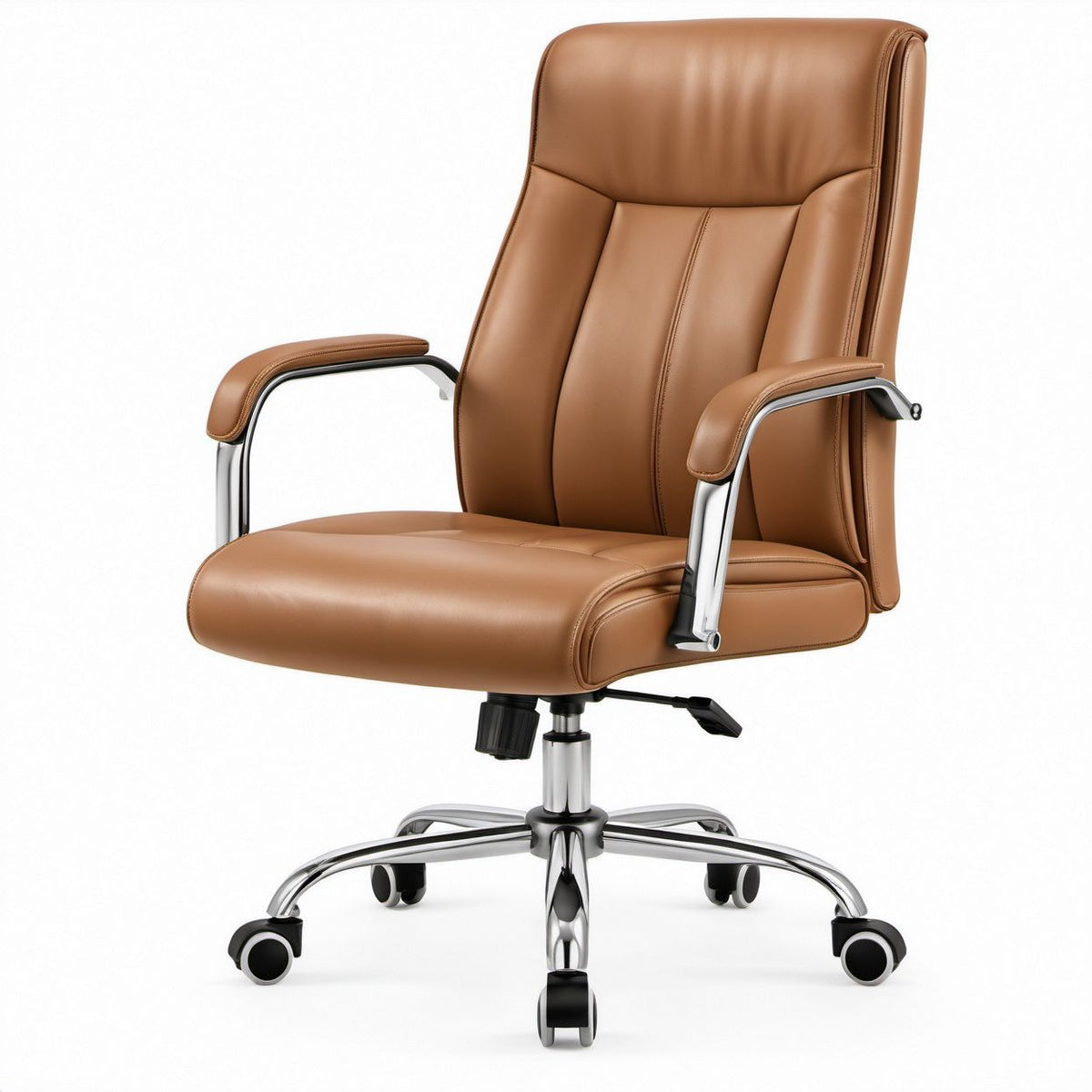 Sedia direzionale girevole in similpelle PU marrone con schienale alto, 66 x 70 x 116-126 cm