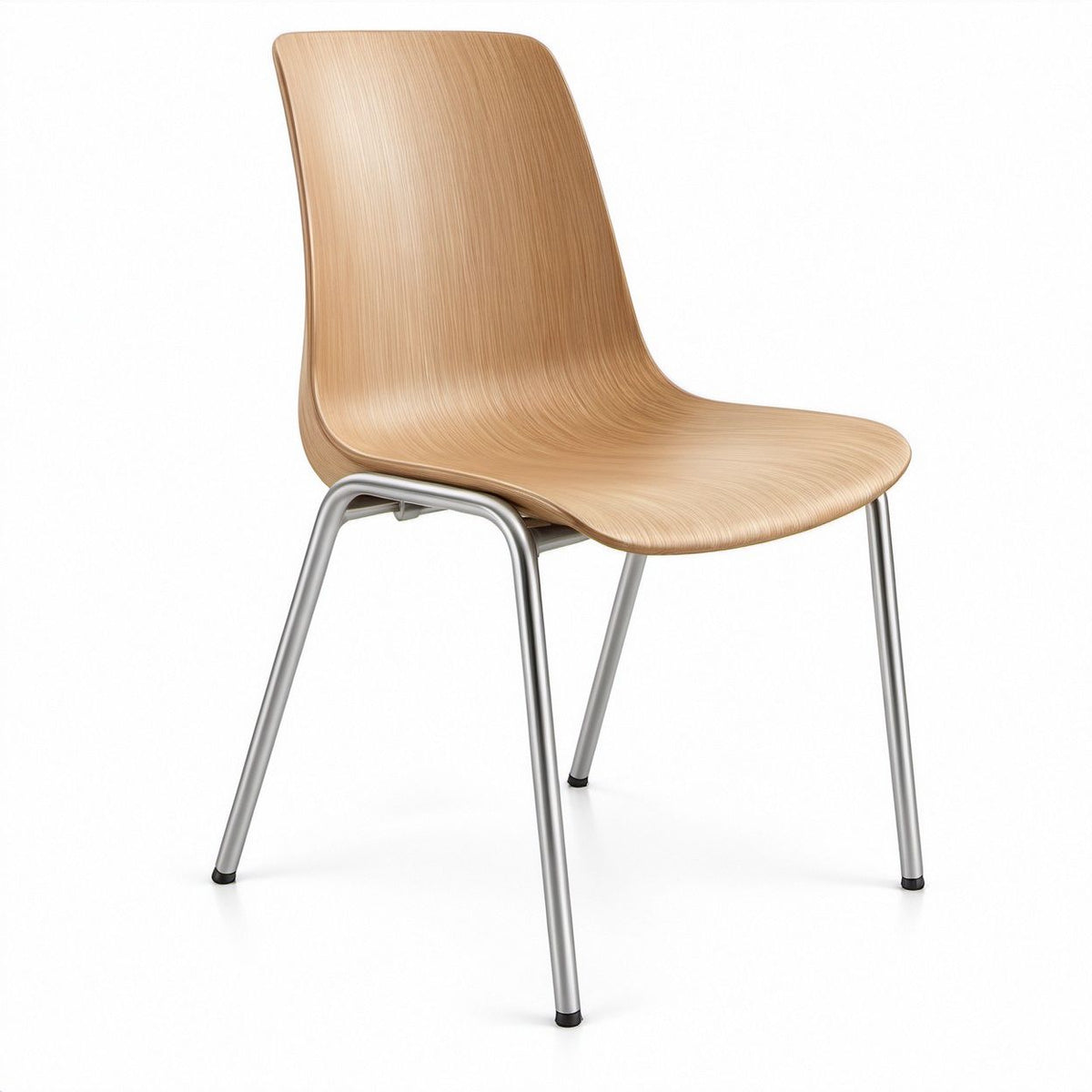 Sedia fissa in multistrato curvato rovere naturale con gambe in acciaio argento, 45 x 52 x 82 cm