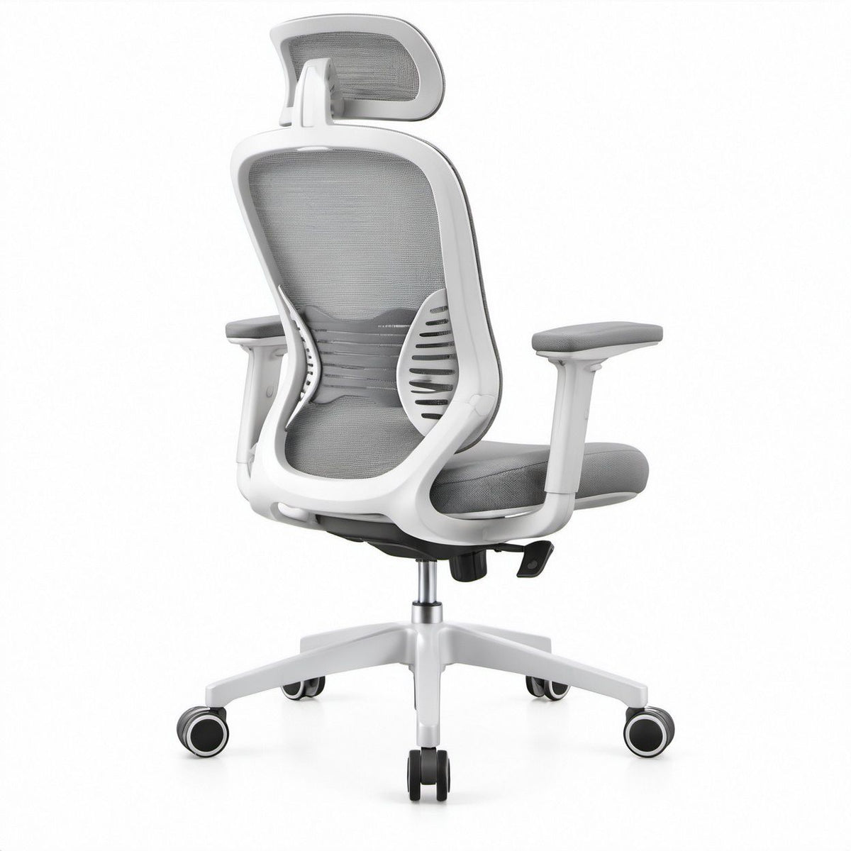 Sedia ergonomica da ufficio in rete grigia e bianca con poggiatesta, 66 x 66 x 118-128 cm
