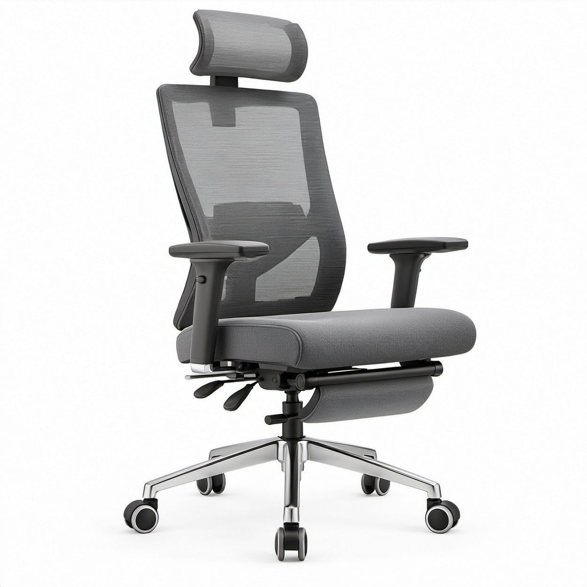 Sedia da ufficio ergonomica girevole in rete di poliestere grigio scuro, nero e argento, 68 x 68 x 116-126 cm