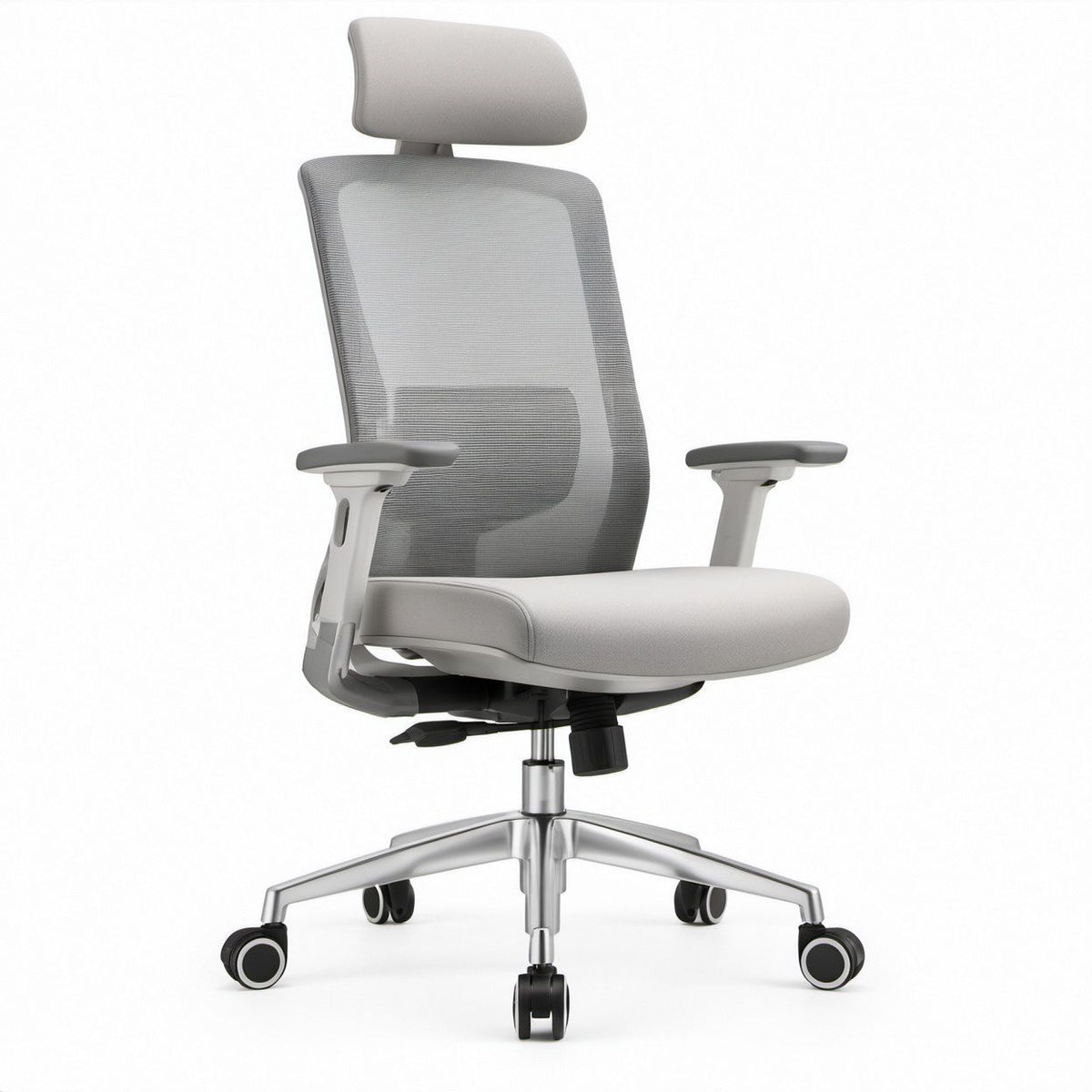 Sedia da ufficio ergonomica girevole grigia con schienale alto in rete e poggiatesta, 65 x 65 x 117-127 cm