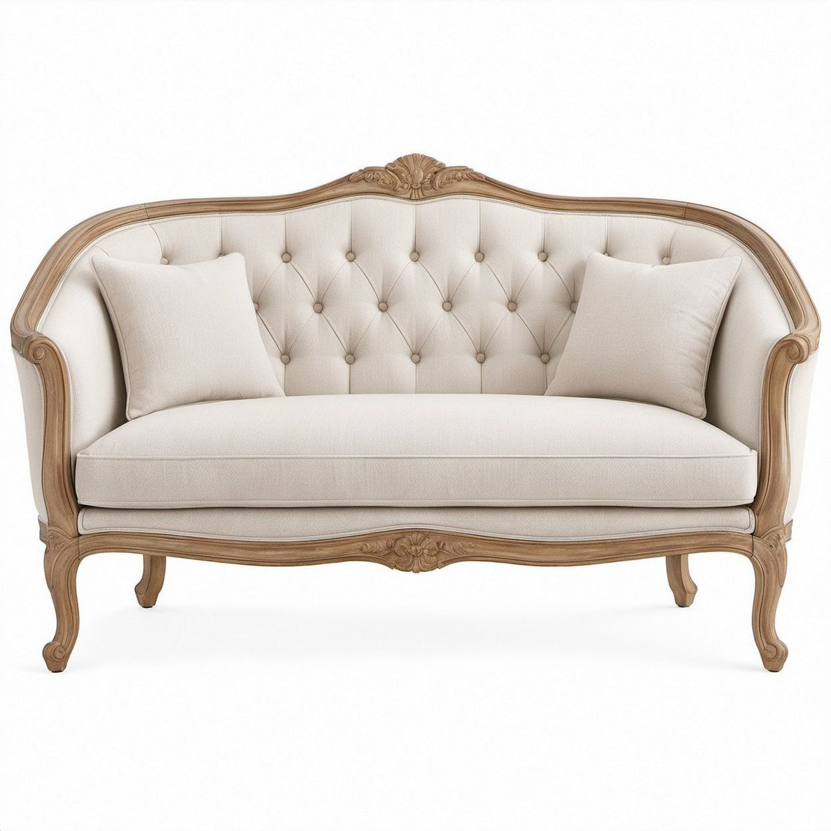 Divano classico curvo 2 posti Avorio e Noce Chiaro, 170 x 85 x 105 cm