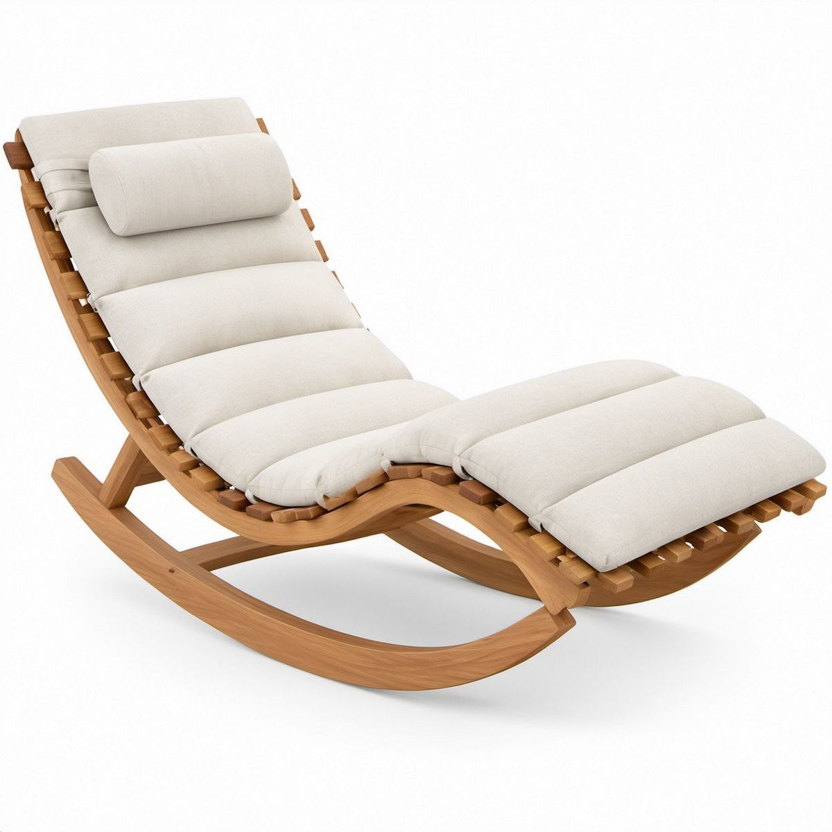 Sdraio a dondolo curva in legno massello di acacia con cuscini beige, 190 x 70 x 85 cm