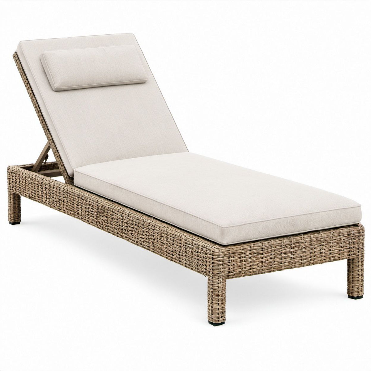 Lettino prendisole reclinabile in rattan PE beige con cuscini, 200 x 65 x 32 cm
