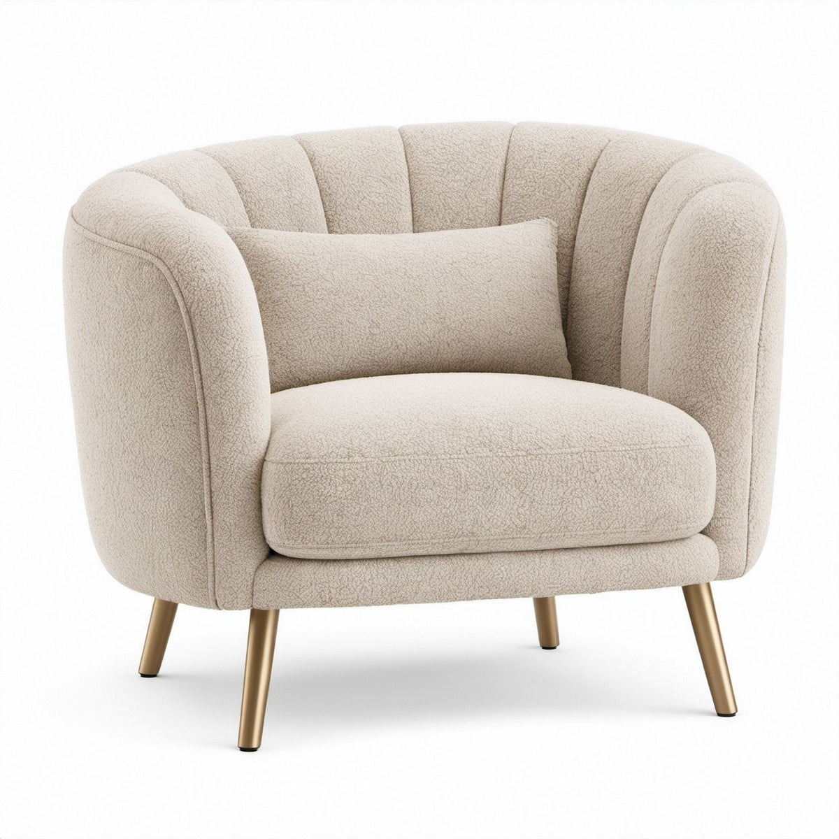 Poltrona arrotondata beige in bouclé con gambe color ottone, 78 x 75 x 76 cm