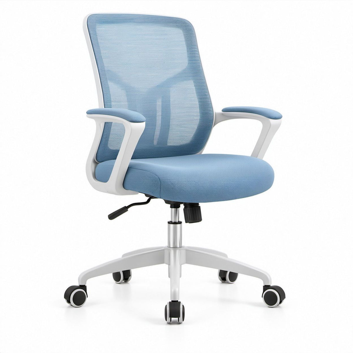Sedia ergonomica girevole azzurra e bianca con schienale alto in rete, 62 x 62 x 116-126 cm