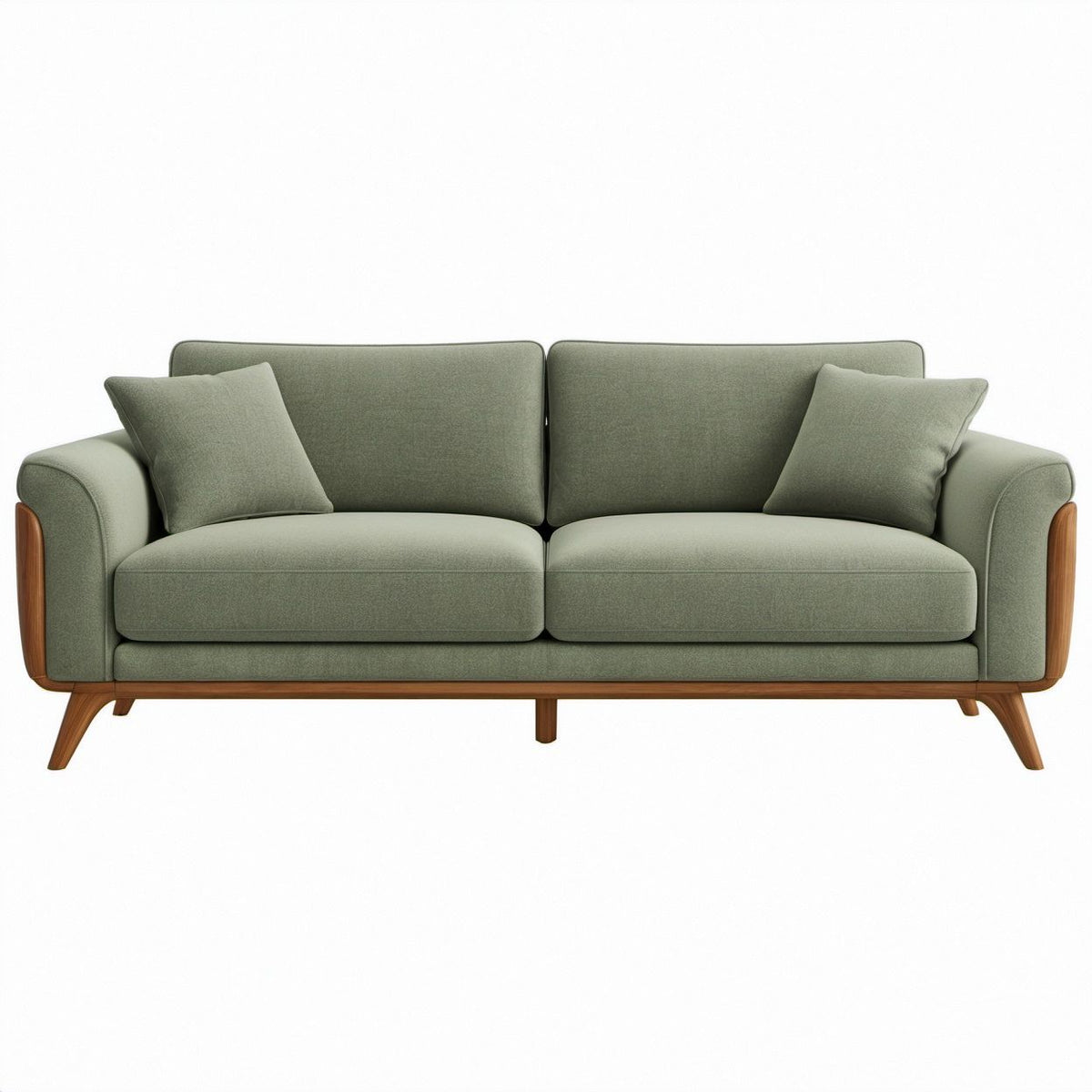 Divano lineare a 3 posti verde salvia con dettagli marrone noce, 210 x 90 x 85 cm