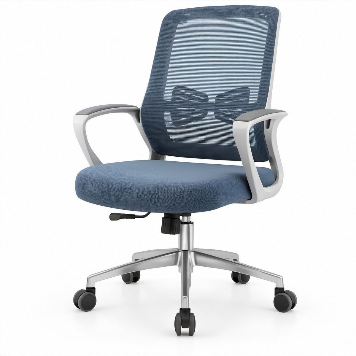 Sedia da ufficio ergonomica girevole Blu e Argento con schienale in rete e braccioli, 62 x 62 x 92-102 cm