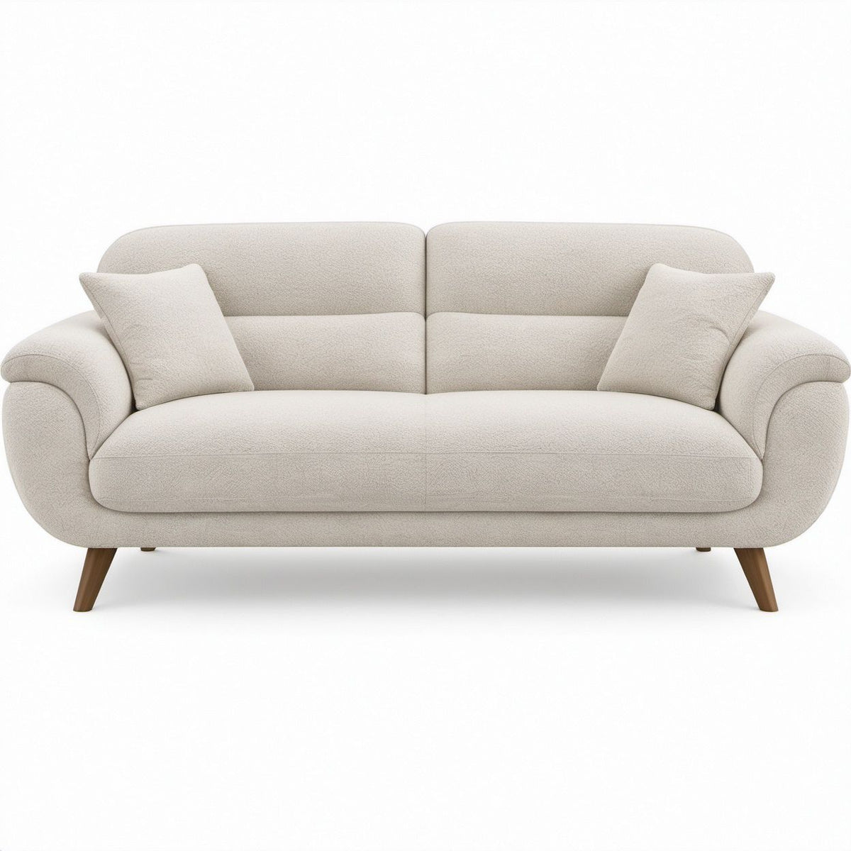Divano lineare 3 posti in bouclé beige con gambe marroni, 220 x 95 x 85 cm