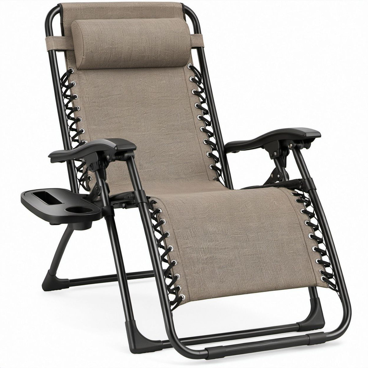 Sedia sdraio pieghevole reclinabile Zero Gravity Beige/Nero con vassoio laterale, 178 x 65 x 110 cm